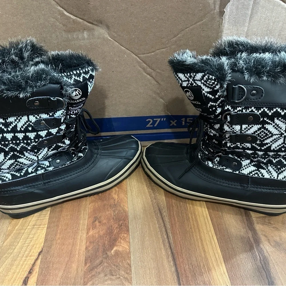 Tamarack Women’s Snow Boots Black Fair Isle Thinsulate 200g Fur Trim Duck Boots